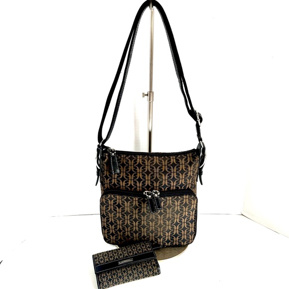 FOSSIL MONOGRAM CANVAS LEATHER CROSSBODY/SHOULDER TRAVEL BAG W/MATCHING WALLET - Picture 1 of 16